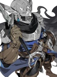 Rule 34 | 1boy, armor, belt, black pants, black scarf, blue jacket, boots, brown belt, brown boots, brown gloves, elden ring, elden ring nightreign, genichiro cute, gloves, helmet, holding, holding sword, holding weapon, jacket, pants, scarf, shield, simple background, solo, sword, weapon, white background, winged helmet, wylder (elden ring)