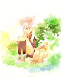 1girl bird black_shorts boots brown_boots brown_gloves brown_shirt bush closed_eyes commentary_request crop_top elbow_gloves fingerless_gloves full_body gloves hawk highres hunter_(ragnarok_online) open_mouth painting_(medium) pink_hair pointy_ears ragnarok_online sansaro shirt short_hair short_shorts short_sleeves shorts smile solo traditional_media watercolor_(medium)