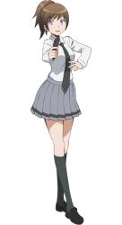 1girl anime_coloring ansatsu_kyoushitsu black_necktie breasts collared_shirt full_body gun handgun holding holding_sword holding_weapon large_breasts loafers long_sleeves looking_at_viewer morita_kazuaki necktie official_art open_mouth ponytail purple_eyes school_uniform shirt shoes short_ponytail simple_background smile socks solo standing sword thighs transparent_background weapon white_shirt yada_touka