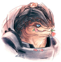 alien flower flower_in_mouth flower_on_head grunt_(mass_effect) head_wreath krogan lintufriikki mass_effect_(series) solo solo_focus tumblr tumblr_username white_background