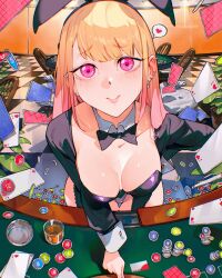 1girl animal_ears black_bow black_bowtie black_hairband black_leotard black_vest blonde_hair blush bow bowtie breasts card cesar_art456 checkered_floor closed_mouth collar collarbone detached_collar ear_piercing four_of_hearts glass gradient_hair groin hairband heart highres kitagawa_marin leotard long_hair long_sleeves multicolored_hair piercing pink_eyes pink_hair pink_lips poker_chip poker_table rabbit_ears smile solo sono_bisque_doll_wa_koi_wo_suru spanish_commentary spoken_heart sweat table two-tone_hair upturned_eyes vest white_collar white_wrist_cuffs wrist_cuffs