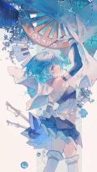 1girl absurdres bad_id bad_twitter_id blue_eyes blue_hair blue_shirt blue_skirt blue_sleeves cape detached_sleeves feet_out_of_frame fish frilled_shirt frills gloves hair_between_eyes highres holding holding_wand instrument keyboard_(instrument) kneehighs looking_at_viewer maccha_(mochancc) mahou_shoujo_madoka_magica mahou_shoujo_madoka_magica_(anime) midriff_peek miki_sayaka miki_sayaka_(magical_girl) plant pleated_skirt shirt short_hair skirt sleeveless sleeveless_shirt socks standing sword tropical_fish wand weapon wheel white_cape white_gloves white_shirt white_socks