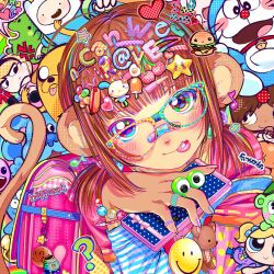 3girls 5boys ? adventure_time animal_ears backpack bag bag_charm bandaid bandaid_on_face bandaid_on_nose blooregard_q_kazoo blue&#039;s_clues blue_(blue&#039;s_clues) brown_hair bubbles_(ppg) burger cellphone cellphone_charm charm_(object) closed_mouth doraemon doraemon_(character) english_text finn_the_human food food-themed_hair_ornament foster&#039;s_home_for_imaginary_friends glasses hair_ornament happy_tree_friends heart heart_hair_ornament highres holding holding_phone jake_the_dog jewelry looking_at_viewer lottie_(gravyalloverhim) mac_(foster&#039;s) mandy_(grim_adventures) monkey_ears monkey_girl monkey_tail multiple_boys multiple_girls nail_polish original phone pill pill_on_tongue pink_bag powerpuff_girls raver ring short_twintails smartphone smile star_(symbol) star_hair_ornament tail tamagotchi tamagotchi_(classic) text_hair_ornament the_grim_adventures_of_billy_&amp;_mandy tongue tongue_out too_many_hair_ornaments twintails