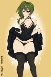 1girl black_dress black_panties black_thighhighs breasts clothes_lift commentary dress dress_lift english_commentary faenatical green_hair highres licking_lips lifting_own_clothes medium_breasts medium_hair panties patreon_username purple_eyes side_ponytail solo sousou_no_frieren thighhighs thighs tongue tongue_out ubel_(sousou_no_frieren) underwear yellow_background