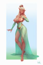 Rule 34 | 1girl, barefoot, breasts, bridal gauntlets, circlet, closed eyes, covered navel, dress, earrings, elbow gloves, elf, gloves, gold choker, gold circlet, green dress, hand on own chest, highres, jewelry, large breasts, lips, long hair, long pointy ears, nipples, no bra, original, pointy ears, see-through clothes, see-through dress, solo, standing, strapless, strapless dress, ullr, white hair