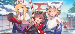 4girls ainy alternate_costume alternate_hairstyle angry animal_ear_fluff animal_ear_piercing animal_ears animal_hat animal_print ascot bell_ringing blonde_hair blue_kimono blush bobby_socks bow broom brown_hair building cat_ears cat_print chen clenched_hand closed_eyes closed_mouth commentary_request detached_sleeves earrings fang frilled_bow frilled_hair_tubes frills furisode game_cg green_hat hair_bow hair_tubes hairstyle_request hakurei_reimu hat hat_ribbon holding holding_broom hoop_earrings japanese_clothes jewelry kimono long_hair long_sleeves mob_cap multiple_girls new_year obi obijime official_art one_eye_closed outdoors own_hands_together palms_together print_kimono puff_of_air purple_eyes purple_kimono red_bow red_kimono red_ribbon red_skirt ribbon ribbon-trimmed_sleeves ribbon_trim sash single_earring skin_fang skirt skirt_set smile snow snowing socks sweatdrop third-party_source torii touhou touhou_gensou_eclipse white_socks wide_sleeves yakumo_ran yakumo_yukari yellow_ascot yellow_eyes