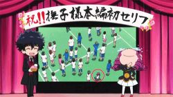10s adenokouji_nadeshiko animated animated_gif binbougami_ga! black_hair butler daimon_shinobu drill_hair head_bump laughing lowres open_mouth purple_hair