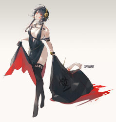 1girl 1other absurdres biohazard_symbol black_boots black_dress black_gloves black_hair blood blood_on_face body_bag boots breasts cleavage cocktail_dress commentary_request copyright_name corpse dagger dress earrings flower flower_hairband full_body gloves gold_earrings gold_hairband gradient_background hair_bun hairband half_gloves highleg highleg_dress highres holding implied_murder jewelry knife large_breasts long_dress long_hair long_sidelocks looking_at_viewer necklace off-shoulder_dress off_shoulder openvl pearl_choker plunging_neckline red_eyes side_slit sidelocks skirt_hold solo_focus spy_x_family stiletto_(weapon) thigh_boots two-sided_dress two-sided_fabric weapon yor_briar
