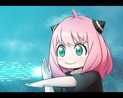 1girl ahoge anya_(spy_x_family) black_shirt blue_sky child commentary_request cone_hair_bun finishing_move hair_bun hetareman highres laser parody pink_hair shin_ultraman shirt sky smile spy_x_family ultra_beam ultra_series ultraman_(1st_series)
