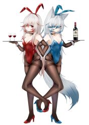 2girls alcohol animal_ears annoyed artist_request bell black_collar blue_eyes blue_leotard blue_shoes bottle breasts brown_gloves brown_pantyhose cleavage closed_mouth collar colored_tips commission cup drinking_glass elbow_gloves extra_ears eyebrows_hidden_by_hair fake_animal_ears full_body gloves grey_hair hair_between_eyes hand_on_own_hip high_heels holding holding_tray jingle_bell leotard locked_arms long_hair looking_at_viewer medium_breasts multicolored_hair multiple_girls neck_bell original pantyhose playboy_bunny rabbit_ears red_eyes red_leotard red_shoes second-party_source shoes simple_background standing standing_on_one_leg stiletto_heels symmetrical_pose tail tray very_long_hair white_background white_wrist_cuffs wine wine_bottle wine_glass wolf_ears wolf_girl wolf_tail wrist_cuffs