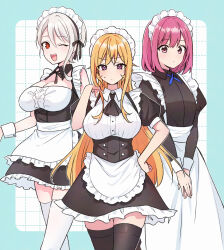 3girls ;d absurdres alternate_costume apron arato_hisako ascot black_ascot black_dress black_ribbon black_thighhighs blonde_hair breasts cleavage dress enmaided frilled_apron frilled_dress frills grey_hair highres large_breasts maid maid_headdress multiple_girls nakiri_alice nakiri_erina neck_ribbon one_eye_closed open_mouth pink_eyes pink_hair red_eyes ribbon shokugeki_no_souma short_hair smile teeth thighhighs toy-black upper_teeth_only waist_apron white_apron white_thighhighs zettai_ryouiki