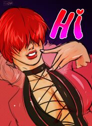 Rule 34 | 1girl, artimyar, breasts, cleavage, cleavage cutout, clothing cutout, dress, female focus, fishnets, fluffy, heart, imyar, imyarart, jacket, large breasts, long hair, looking at viewer, no bra, pale skin, red hair, shermie (kof), shiny clothes, the king of fighters, thick lips