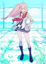 Rule 34 | 1girl, black shoes, black socks, chain-link fence, collared shirt, darling in the franxx, everysketch002, eyeshadow, fence, floating hair, full body, grass, green eyes, grey jacket, grey skirt, hairband, hand on own hip, highres, horns, jacket, long hair, makeup, miniskirt, necktie, parted lips, pink hair, plaid clothes, plaid skirt, pleated skirt, red eyeshadow, red horns, red scarf, scarf, school uniform, shirt, shoes, skirt, socks, solo, standing, striped necktie, very long hair, white hairband, white shirt, zero two (darling in the franxx)