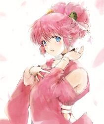 Rule 34 | 1girl, blue eyes, blush, character hair ornament, fingerless gloves, gloves, hair ornament, hanny, highres, japanese clothes, kimono, looking at viewer, open mouth, petals, pink hair, pink kimono, rance (series), sengoku rance, sill plain, smile, solo, tsutsugano, updo, upper body