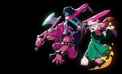 1boy 1girl 1other armor artist_name axe black_background black_shoes blue_skin bracelet colored_skin colored_teeth deltarune evan_stanley fighting_stance furry glasses goat greaves green_robe hair_over_eyes holding holding_axe holding_sword holding_weapon jewelry kris_(deltarune) long_sleeves pink_scarf pink_skin ralsei robe scarf sharp_teeth shoes spiked_arm spiked_bracelet spikes standing susie_(deltarune) sword teeth weapon yellow_teeth