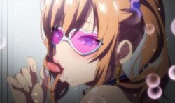 1girl akane_wa_tsumare_somerareru blue_eyes glasses handjob_gesture heart heart-shaped_eyewear heart-shaped_glasses heart-shaped_pupils nanao_akane symbol-shaped_pupils tagme tongue tongue_out