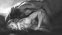 2boys anal arm_around_waist black_hair blush clenched_hand closed_eyes crisis_core_final_fantasy_vii cum doggystyle ear_licking final_fantasy final_fantasy_vii grey_hair greyscale heavy_breathing highres licking long_hair luluzhang998873 male_focus male_penetrated monochrome motion_blur multiple_boys nipples parted_lips scar scar_on_face sephiroth sex sex_from_behind short_hair spiked_hair sweat toned toned_male yaoi zack_fair