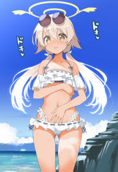 1girl akazawa_red bikini blue_archive blush breasts collarbone commentary_request eyewear_on_head frilled_bikini frills hair_between_eyes halo hifumi_(blue_archive) hifumi_(swimsuit)_(blue_archive) highres light_brown_hair looking_at_viewer low_twintails navel ocean off-shoulder_bikini off_shoulder open_mouth sky small_breasts solo sunglasses swimsuit tan tanline twintails white_bikini yellow_eyes