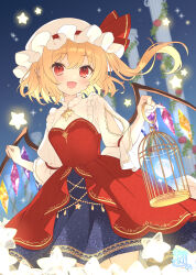 1girl :d adapted_costume ahase_hino arm_cutout birdcage blonde_hair blue_background cage column commentary_request cowboy_shot dress flandre_scarlet hat hat_ribbon highres holding holding_cage long_hair looking_at_viewer mob_cap open_mouth pillar plant pointy_ears puffy_sleeves red_dress red_eyes red_ribbon ribbon signature smile solo star_(symbol) three-quarter_sleeves touhou vines white_hat