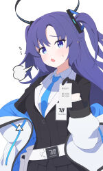 1girl absurdres black_gloves black_halo black_jacket black_skirt blue_archive blue_necktie commentary_request fortysansan gloves halo highres holding holding_paper holding_receipt jacket long_hair mechanical_halo millennium_science_school_logo necktie open_mouth paper purple_eyes purple_hair receipt shirt sigh simple_background skirt solo translated twintails white_background white_jacket white_shirt yuuka_(blue_archive)