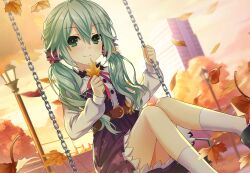 Rule 34 | 1girl, belt, black shoes, brown belt, building, chain, date a live, date a live: spirit pledge, dress, dutch angle, falling leaves, game cg, green eyes, green hair, hair between eyes, kyouno natsumi, lamppost, leaf, long hair, long sleeves, looking at viewer, multicolored dress, neck ribbon, official art, on swing, outdoors, puffy long sleeves, puffy sleeves, ribbon, shoes, smile, socks, solo, sunset, swing, third-party source, tree, white socks