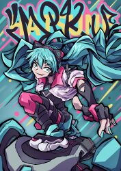 1girl absurdres blue_background blue_eyes blue_hair blue_nails graffiti hatsune_miku highres hoverboard jacket long_hair open_clothes open_jacket racing sega shaft_(shaf_it) simple_background sonic_(series) sonic_racing:_crossworlds streetwear twintails very_long_hair vocaloid