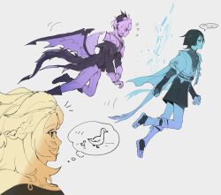 3boys ahoge albedo_(genshin_impact) armor arms_at_sides bird blunt_ends blush bodysuit boots bridal_gauntlets capelet clenched_hand closed_mouth coat coattails covered_collarbone dragon_horns dragon_tail dragon_wings duck eyelashes flying flying_sweatdrops furisode gem genshin_impact gloves halo halo_behind_head highres horns japanese_armor japanese_clothes juban kimono kote laki_(tabbizx) layered_sleeves leg_warmers leggings limited_palette long_sleeves looking_at_another low_wings mandarin_collar mini_durin_(genshin_impact) mini_durin_(human)_(genshin_impact) multiple_boys notice_lines open_clothes open_kimono pants sandals scaramouche_(genshin_impact) short_hair short_sleeves shoulder_peek speech_bubble spoken_animal tail toes vision_(genshin_impact) wanderer_(genshin_impact) white_background wings zouri