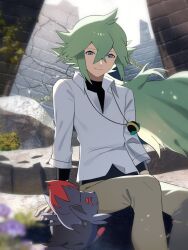 Rule 34 | 1boy, black shirt, blue eyes, brown pants, closed eyes, commentary, commentary request, crossed bangs, feet out of frame, floating hair, gen 5 pokemon, green hair, hair between eyes, highres, jewelry, layered sleeves, light rays, long hair, long sleeves, looking at another, male focus, moss, n (pokemon), necklace, nintendo, outdoors, pants, pokemon, pokemon (creature), pokemon bw, popped collar, ruins, shirt, sitting, smile, solo, sunbeam, sunlight, white shirt, wing collar, zero (sleepy meltan), zorua