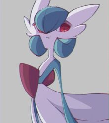 bob_cut colored_skin dress gardevoir gen_3_pokemon green_hair green_skin grey_background highres multicolored_skin narumiya_pkmn nintendo parted_lips pokemon pokemon_(creature) red_eyes simple_background two-tone_skin white_dress white_skin