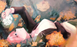 1girl absurdres black_jacket blue_eyes breasts commentary field flower flower_field go-toubun_no_hanayome grass hand_on_own_stomach hand_up highres holding holding_flower jacket kei_ayada large_breasts long_sleeves lying nakano_ichika on_back on_grass on_ground outdoors parted_lips pink_hair profile school_uniform shirt short_hair solo upper_body white_shirt winter_uniform