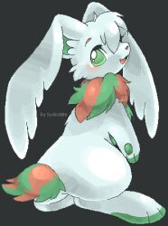 Rule 34 | artist name, choko (sweetpocket), christmas neopet, commentary request, creature, creature focus, cybunny, dithering, droopy ears, full body, green eyes, light blush, looking back, lowres, neopet (creature), neopets, no humans, open mouth, pawpads, pixel art, rabbit, rearing, simple background, smile, solo, white background
