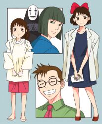 1other 2boys 2girls aged_up barefoot black_dress bob_cut bow brown_eyes brown_hair coat coat_on_shoulders company_connection dress frown glasses green_eyes green_hair green_shirt grin hair_bow haku_(sen_to_chihiro_no_kamikakushi) highres holding holding_letter japanese_clothes kaonashi kariginu kiki_(majo_no_takkyuubin) letter majo_no_takkyuubin multiple_boys multiple_girls necktie ogino_chihiro red_necktie red_shoes red_shorts rikaco1988 sen_to_chihiro_no_kamikakushi shirt shoes shorts smile studio_ghibli tombo_(majo_no_takkyuubin) white_coat