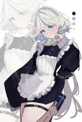 1girl absurdres blue_eyes clothing_cutout color_guide drop-shaped_pupils furina_(genshin_impact) genshin_impact gift headdress heterochromia highres holding holding_gift konikoni1002 maid mismatched_pupils multicolored_hair shoulder_cutout solo streaked_hair symbol-shaped_pupils thigh_strap thighs