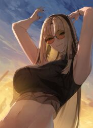 1girl absurdres armpits arms_up black_hair black_tank_top blonde_hair braid breasts closed_mouth cloud curtained_hair dusk edwin62293123 green_eyes halter_shirt halterneck hashtag-only_commentary highres hololive hololive_dev_is koganei_niko large_breasts light_smile linea_alba long_hair looking_at_viewer midriff multicolored_hair navel orange-tinted_eyewear outdoors round_eyewear see-through_clothes see-through_shirt shirt side_braid sky sleeveless sleeveless_shirt slit_pupils solo straight_hair streaked_hair sunglasses tank_top tinted_eyewear upper_body virtual_youtuber