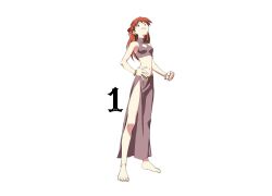 1girl amondetauro barefoot brown_shirt brown_skirt clenched_hand cosplay crop_top dc_comics hand_on_own_hip highres long_hair looking_at_viewer midriff navel neon_genesis_evangelion orange_hair shirt side_slit simple_background skirt smile solo souryuu_asuka_langley stomach talia_al_ghul talia_al_ghul_(cosplay) white_background