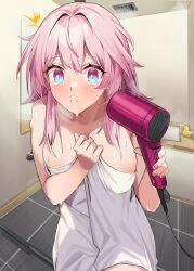 1girl ^^^ absurdres after_bathing bathtub blue_eyes blush breasts commentary drying drying_hair english_commentary hair_dryer hair_intakes heta highres holding holding_hair_dryer honkai:_star_rail honkai_(series) march_7th_(honkai:_star_rail) medium_breasts medium_hair mirror multicolored_eyes naked_towel pink_eyes pink_hair pink_pupils rubber_duck solo steam towel two-tone_eyes upper_body wet