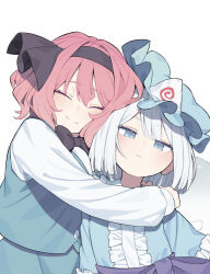2girls :| absurdres black_bow black_bowtie black_hairband black_ribbon blue_eyes blue_hat blue_kimono blue_skirt blue_vest blunt_ends bow bowtie center_frills closed_mouth commentary cosplay costume_switch expressionless frilled_sleeves frills garasuno hair_ribbon hairband hat highres hug japanese_clothes kimono konpaku_youmu konpaku_youmu_(cosplay) konpaku_youmu_(ghost) light_blush long_sleeves looking_at_viewer mob_cap multiple_girls obi pink_hair ribbon saigyouji_yuyuko saigyouji_yuyuko_(cosplay) sash shirt short_hair simple_background skirt smile touhou triangular_headpiece twitter_username upper_body vest white_background white_hair white_shirt yuri