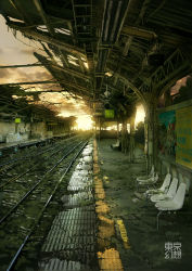 abandoned bench billboard chair clock cloud empty messy no_humans original overgrown post-apocalypse railroad_tracks real_world_location ruins scenery shibuya_(tokyo) signature sky sunlight tactile_paving tokyo_(city) tokyogenso train_station