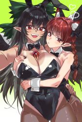 2girls animal_ears black_hair black_leotard bow braid breasts cat_ears cat_girl cleavage fake_animal_ears green_background green_bow grey_nagato highres kaenbyou_rin large_breasts leotard looking_at_viewer multiple_girls open_mouth playboy_bunny pointy_ears red_eyes red_hair reiuji_utsuho strapless strapless_leotard subterranean_animism touhou twin_braids