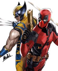 2boys artist_name back-to-back bodysuit claws clenched_hand cowboy_shot deadpool deadpool_&amp;_wolverine deadpool_(series) finger_on_trigger gun highres holding holding_gun holding_sword holding_weapon katana male_focus marvel marvel_cinematic_universe mugi_(mugit49) multiple_boys red_bodysuit red_mask sword weapon wolverine_(x-men) x-men yellow_bodysuit yellow_mask