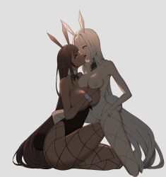 absurdres arsene_(57109611) blanc_(nikke) bow bowtie breasts fishnets french_kiss goddess_of_victory:_nikke high_heels highres kiss large_breasts leotard nipples noir_(nikke) playboy_bunny pussy rabbit_ears siblings sisters yuri