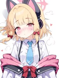 Rule 34 | 1girl, :&lt;, animal ear headphones, animal ears, aqua necktie, black skirt, blonde hair, blue archive, blunt bangs, blush, bow, breasts, cardcat 00, cat ear headphones, cat ears, closed mouth, collared shirt, commentary, dot nose, dress shirt, fake animal ears, hair bow, halo, headphones, heart, highres, hood, hood down, hooded jacket, jacket, korean commentary, looking at viewer, low-tied sidelocks, momoi (blue archive), multicolored jacket, necktie, nose blush, off shoulder, parted bangs, pink halo, pink jacket, pleated skirt, red bow, red eyes, school uniform, shadow, shirt, shirt tucked in, short hair, sidelocks, simple background, skirt, small breasts, solo, suspender skirt, suspenders, sweat, trembling, upper body, white background, white jacket, white shirt