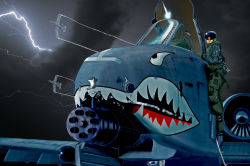 1boy a-10 a-10_thunderbolt_ii aircraft airplane bad_id bad_pixiv_id cannon canopy close_air_support cloud fairchild_aircraft fairchild_republic flight_suit flying g-suit gatling_gun gau-8_avenger general_dynamics general_electric gun gunship helmet i.t.o_daynamics jet ladder lightning night nose_art pilot pilot_suit realistic rotary_cannon shark_nose_art storm sunglasses vehicle_focus weapon