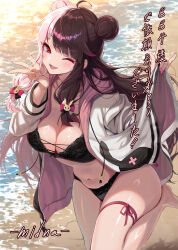 1girl ;d absurdres ahoge artist_name beach bikini black_bikini blush breasts commission double_bun fingernails hair_bun highres hood hooded_jacket jacket large_breasts long_hair looking_at_viewer midnamana multicolored_hair nail_polish navel nijisanji one_eye_closed open_mouth outdoors pixiv_commission red_eyes smile solo split-color_hair standing standing_on_one_leg stomach swimsuit two-sided_fabric two-sided_jacket very_long_hair virtual_youtuber w white_jacket yorumi_rena