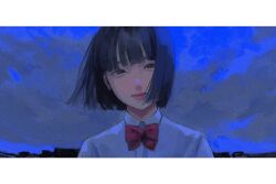 Rule 34 | 1girl, black eyes, black hair, blunt bangs, bob cut, bow, bowtie, closed mouth, cloud, collared shirt, highres, letterboxed, looking at viewer, original, outdoors, red bow, red bowtie, shirt, short hair, sky, solo, white shirt, yudouhu (yudouhu yu 102)