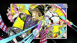 2girls 4boys absurdres adapted_costume aiming animal_print ball beanie black_pants blonde_hair blue_eyes blue_paint blue_shirt breasts brown_gloves brown_hat capelet cosplay cowboy_hat diego_brando dress dual_wielding english_text gloves goggles goggles_on_headwear golden_spiral green_lips green_shorts grin gyro_zeppeli hat highres holding holding_ball holding_water_gun holster hood hood_down hoodie horseshoe_hat_ornament horseshoe_ornament hot_pants_(sbr) ideajkk johnny_joestar jojo_no_kimyou_na_bouken large_breasts leopard_print long_hair lucy_steel makeup mountain_tim multiple_boys multiple_girls pants patrick_star patrick_star_(cosplay) pink_capelet pink_dress pink_hair purple_shirt scary_monsters_(stand) shirt short_hair shorts smile stand_(jojo) steel_ball_(jojo) steel_ball_run water_gun white_hat white_hoodie white_paint white_pants wristband zebra_print