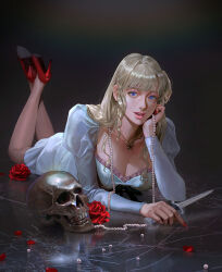 1girl absurdres blonde_hair blue_eyes breasts butterfly_necklace cleavage commentary crack cracked_floor dark_background dress english_commentary eyelashes flower high_heels highres holding holding_knife jewelry knife long_hair looking_at_viewer necklace original pearl_necklace petals red_flower red_nails red_rose rose skull solo vampire vijoux white_dress