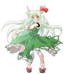 1girl alphes_(style) blush bow breasts commentary_request dairi dress ex-keine full-face_blush full_body green_dress green_hair highres horn_bow horn_ornament horns kamishirasawa_keine large_variant_set long_hair looking_at_viewer multicolored_hair open_mouth outstretched_arm parody red_bow red_eyes shoes short_sleeves socks solo style_parody tachi-e touhou transparent_background two-tone_hair variant_set very_long_hair white_hair white_sleeves white_socks