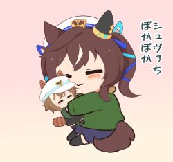 2girls :3 animal_ears black_shorts black_socks blue_shorts blush brown_hair cheval_grand_(umamusume) chibi chibi_only closed_eyes closed_mouth commentary_request ears_through_headwear full_body gomashio_(goma_feet) green_shirt hat horse_ears horse_girl horse_tail hug long_sleeves mini_person minigirl multicolored_hair multiple_girls shirt short_hair shorts simple_background socks streaked_hair tail tail_cover translation_request twintails umamusume verxina_(umamusume) white_hair white_hat