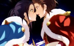 absurdres aijou_karen aijou_karen_(cosplay) black_hair blue_jacket braid braided_bangs brown_hair commentary_request cosplay crossover crying earrings fur-trimmed_jacket fur_trim green_eyes highres jacket jacket_on_shoulders jewelry kagura_hikari kagura_hikari_(cosplay) kamisaki_hikaru medalist_(manga) ponytail red_jacket short_hair shoujo_kageki_revue_starlight vojaganto yuitsuka_inori